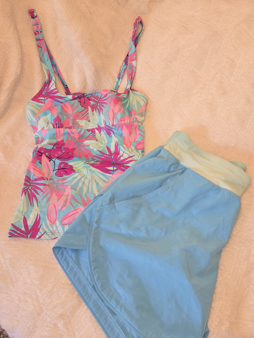 Lands' End Aqua and Light Blue Swim Set